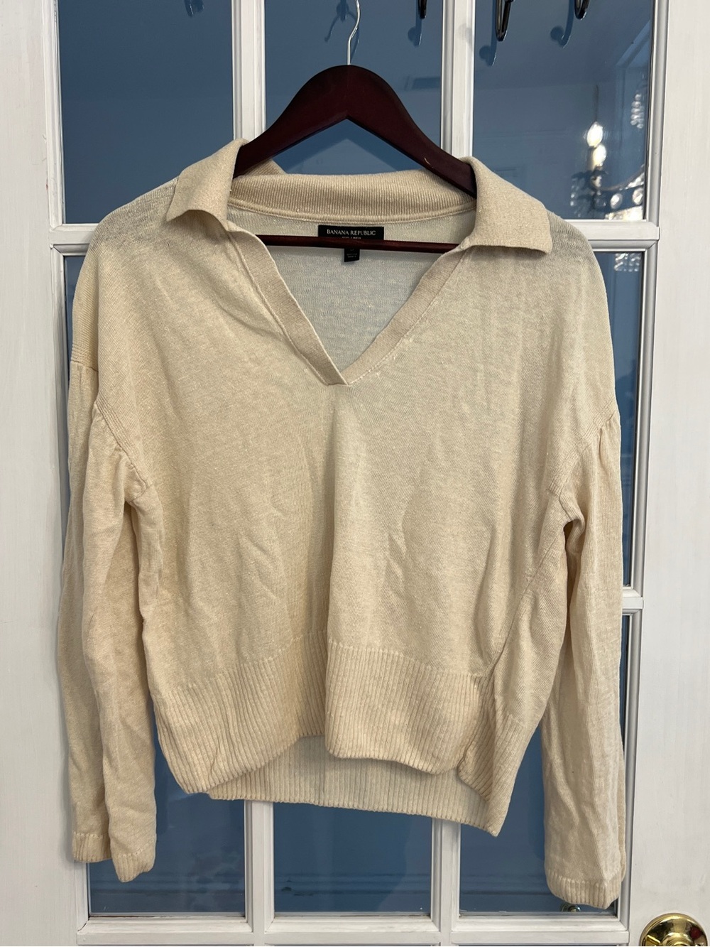 BANANA REPUBLIC Men’s Italian Linen Johnny Collar Polo Sweater Cream S